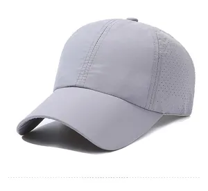 Detailed side view of gray quick-dry baseball cap with breathable mesh paneling