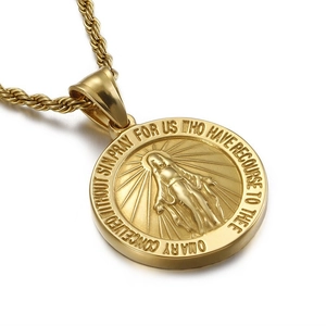 Collier médaille Vierge Marie dorée avec inscription de prière et chaîne torsadée