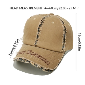 Detailed size guide for distressed cotton baseball cap with leopard trim and embroidery