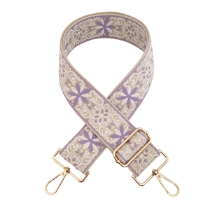 Thick jacquard wide shoulder strap for bags with purple bohemian floral patterns and gold hooks