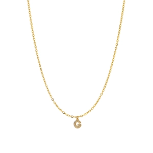 Close-up of golden O-chain necklace featuring a micro-paved zircon letter G pendant