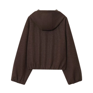 Women street style dark brown hooded jacket with elasticated hem on white background