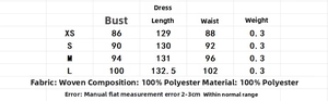 Size chart for summer slip dress showing measurements in cm for XS to L sizes