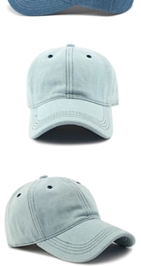 Detail showing washed denim texture and reinforced stitching on the baseball cap