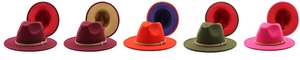 Flat brim wool fedora hats in diverse two-tone color combinations with leather bands