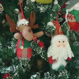 Plush Christmas tree ornaments featuring Santa Claus and reindeer with festive plaid patterns