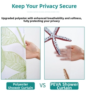 Comparison showing polyester versus PEVA shower curtain opacity with hand detail