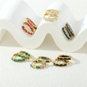 Minimalist 18K gold plated hoop earrings with multicolored rectangular zircons for women