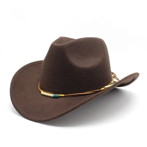 Classic dark brown felt cowboy hat with ethnic beaded band on a clean white background