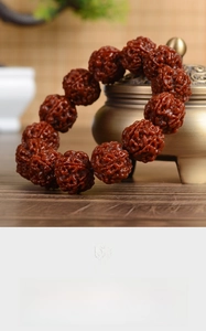 Macro shot of natural textured Rudraksha beads beside a brass incense burner
