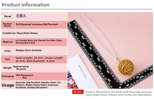 Detailed size chart showing rhinestone luminous ball pendant dimensions and plating info