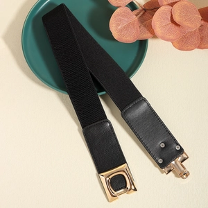 Detail of black elastic belt featuring gold metal buckle and pebbled leather texture