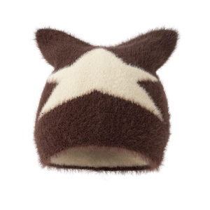 Y2K style brown cat ear beanie with fuzzy plush texture and white star pattern