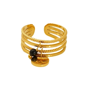 Adjustable multi-layer gold stainless steel ring with black bead and round charm