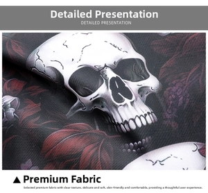 Makro-Detail des hochwertigen Textilgewebes mit Totenkopf- und dunklen Blumenmustern