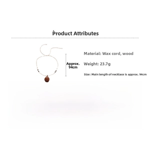 Detailed view of vintage wood bead necklace with wax cord specifications and 94cm length