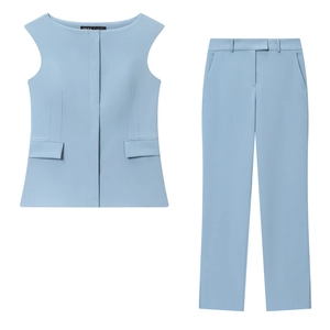Gilet Senza Maniche E Pantaloni Dritti Da Donna Blu Chiaro Tinta Unita Professionale Ufficio Casual Poliestere