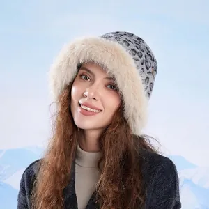 Women Winter Bucket Hat Leopard Print Faux Fur Trim Thick Warm Outdoor Windproof Chic Plush Basin Cap