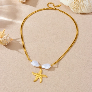 18k gold plated stainless steel necklace with starfish pendant and baroque pearls