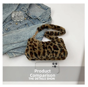 Detail of leopard print plush shoulder bag with amber acrylic rings and soft faux fur texture