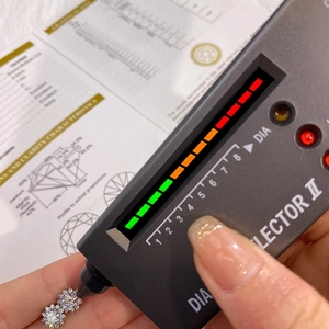 Moissanite stud earrings tested with diamond selector showing GRA certificate