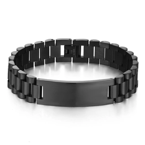 Macro detail of black stainless steel watch-link bracelet with smooth metal ID plate