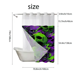 Detailed size chart for waterproof skull print shower curtain with precise dimensions