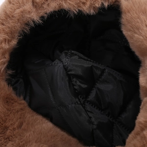 Winter trapper hat with brown faux fur trim and black diamond quilted lining detail