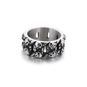 Retro punk skull ring for men, vintage silver stainless steel band with gothic carvings