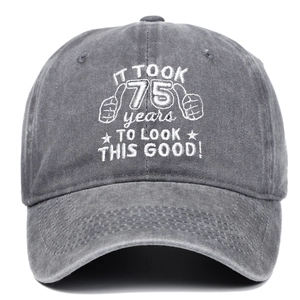 Vintage 75th birthday gift washed cotton baseball cap with retro white embroidery