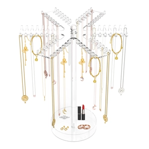 Rotating acrylic necklace organizer with hooks and round tray for jewelry display