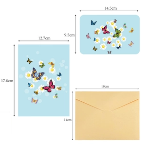 Detailed dimension guide showing 3D butterfly greeting cards and beige envelope sizes