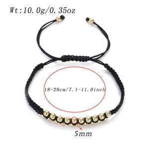 Detail of adjustable 18-28cm braided rope bracelet with 5mm gold metal beads