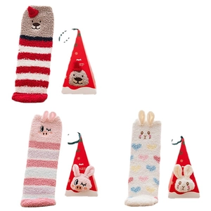 Three pairs of plush Christmas coral fleece socks with 3D animal ears and gift boxes