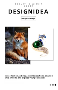 Detail view of fox brooch with green glass belly and crystal tail against design inspiration