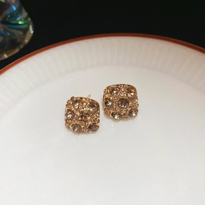 Detail of square champagne gold rhinestone earrings on a white ceramic plate