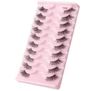 Detail view of 10 pairs of natural thick false eyelashes model Y1008 in a pink tray
