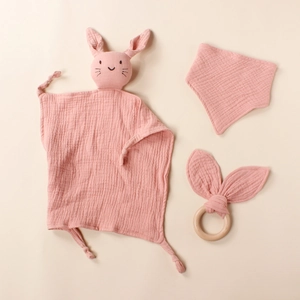 Pink cotton baby comforter set with rabbit bunny towel and wooden teething ring