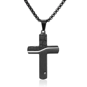 Men's black stainless steel cracked cross pendant necklace with a small diamond accent
