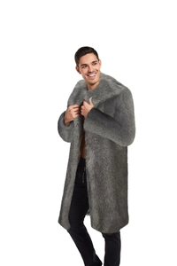 Detail of men's long faux fur coat in grey featuring a structured wide lapel collar design