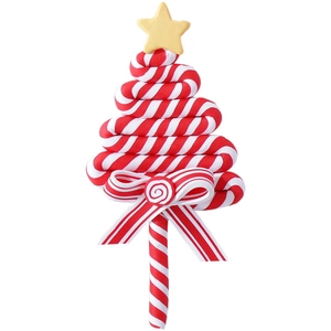 Handmade polymer clay Christmas tree ornament with red and white spiral patterns and star
