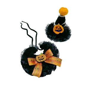 Handmade crochet Halloween pet costume set with black pumpkin hat and spider web collar