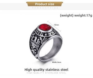 Detailed close-up of eagle relief and red sapphire on stainless steel US Navy ring