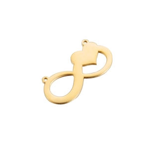 Detailed view of a gold infinity heart connector charm in polished stainless steel