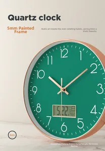 Detailed view of quartz wall clock featuring 5mm painted bezel and LCD date display