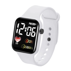 Close-up of white LED digital watch showing heart rate and step tracker on square screen