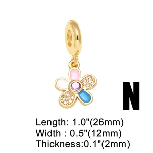 Detail view of 18k gold plated flower charm with enamel petals and zircon inlay measurements