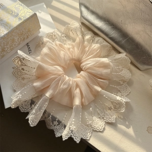 Elegant champagne silk scrunchie with white lace embroidery in a luxury gift setting