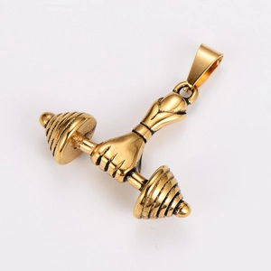 Macro detail of golden dumbbell pendant showing polished finish and sports style charm