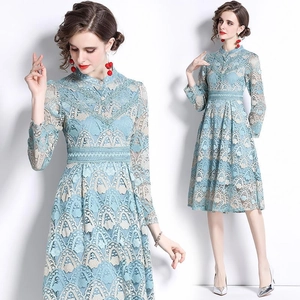 Women Elegant Light Blue Lace Embroidered Midi Dress Long Sleeve Round Neck A-Line Party Dress For Banquet Wedding Guest